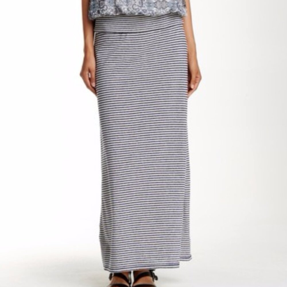 NEW NWT MAX STUDIO White Navy Blue Stripe Knit Pull On Foldover Waist Maxi Skirt